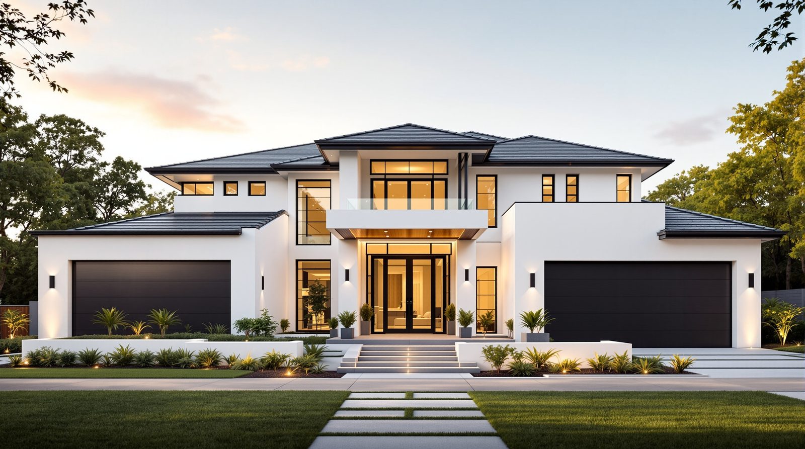 A modern white two-storey Dallas home lit up at dusk, seen from the front walk